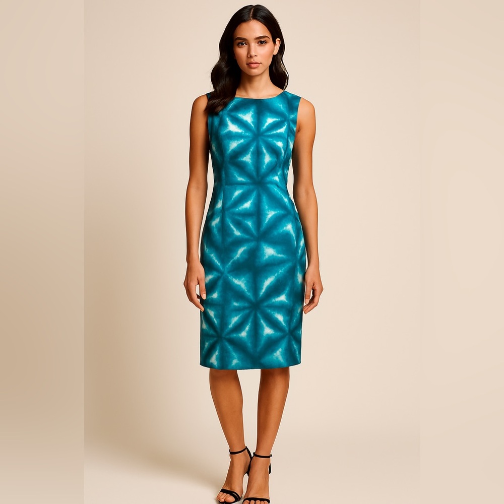 Calvin Klein Blue Geometric Midi Dress Sleeveless Tailored Stretchy size 10